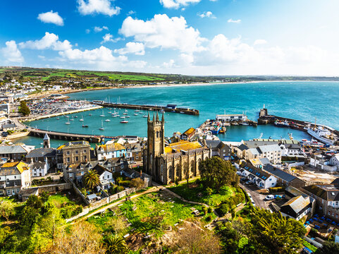Penzance Harbour from a drone, Cornwall, England