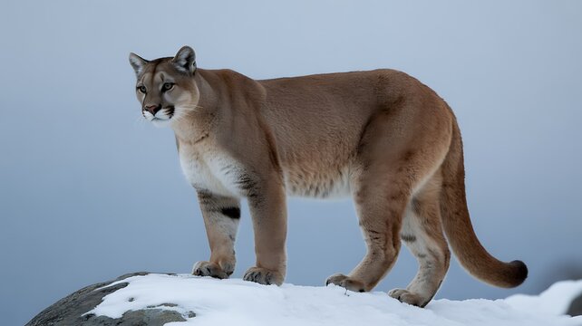 A serene mountain lion stands on a snowy rock in a natural landscape.