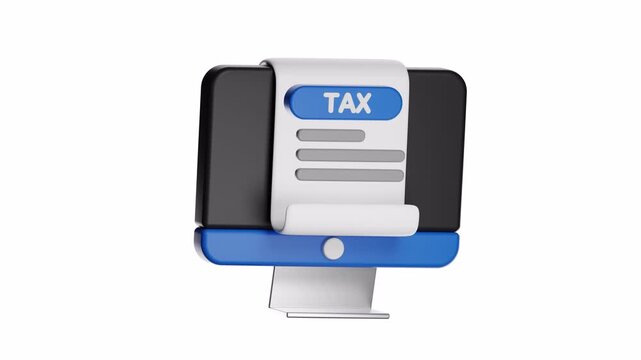 3d ux icon motion computer monitor displaying digital tax document ideal for financial blogs, accounting websites, tax preparation services, and online financial education.