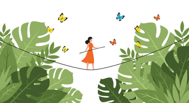 A woman dressed in orange balances on a thin tightrope amidst oversized green tropical foliage and fluttering butterflies against a bright white background setting.