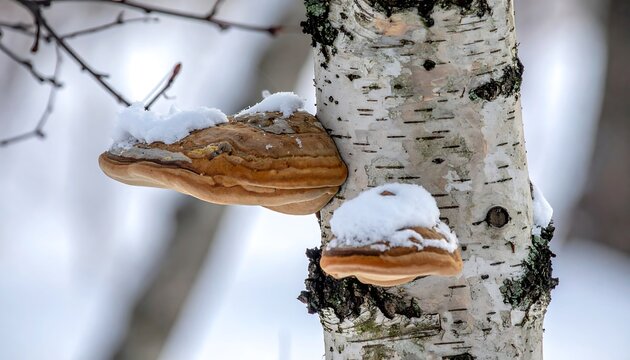 Birch tree with fungi and snow in winter forest
