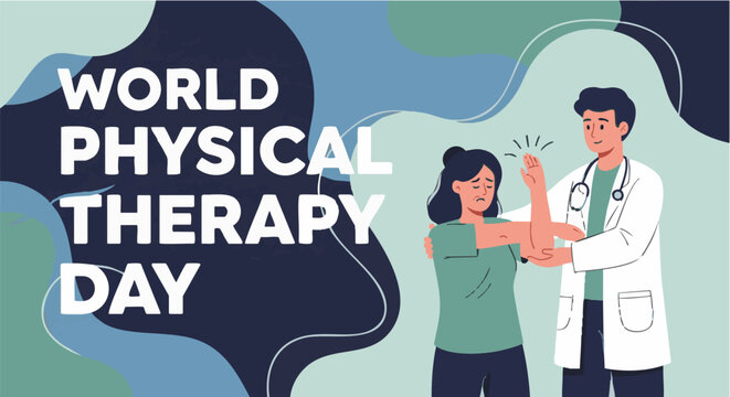 Physical therapist and patient in casual clothing with arm exercises in modern abstract background for healthcare and rehabilitation