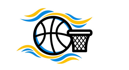 Energetic Basketball with Hoop and Dynamic Blue Yellow Wavy Lines, isolated white background. © Rifki