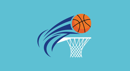 Dynamic illustration of a basketball with a speed trail rapidly shooting towards the hoop net, on a bright blue background. © Rifki