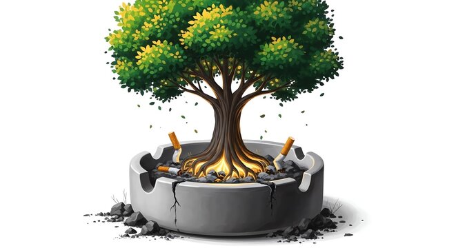 Tree growing from broken ashtray with cigarette butts and dirt for World No Tobacco Day
