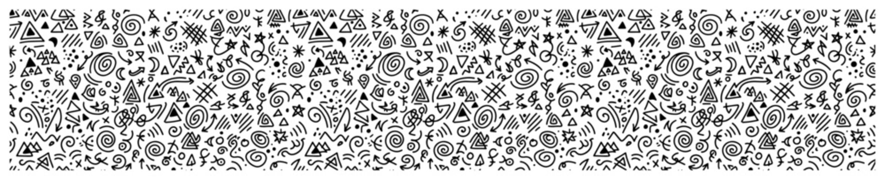 Abstract doodle seamless pattern messy geometric shapes background in hand drawn black and white style