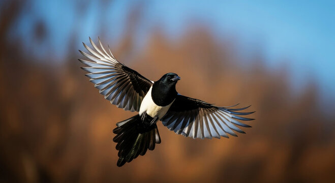 Black and white magpie bird in flight with wings spread wide image