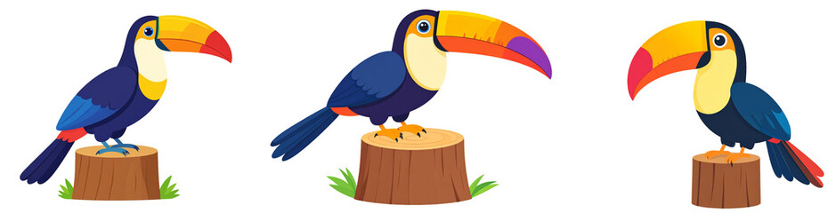 Fototapeta premium Three cute cartoon toucan birds in different poses on wooden stump, transparent background, PNG clipart