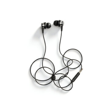 Black wired earphones with in-ear design and 3.5mm audio jack connector isolated on white background