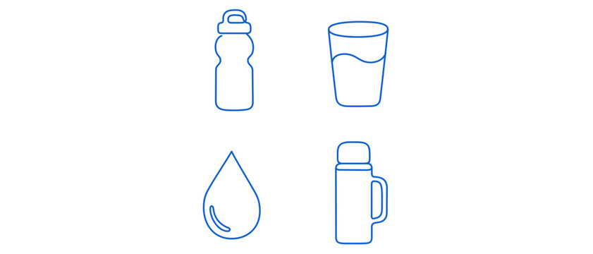 Hydration and Drinking Water Editable Stroke Vector Icon Set Featuring a Reusable Sport Bottle, Glass of Water, Liquid Drop, and Insulated Thermos Flask for Healthy Lifestyle and Fitness Design.
