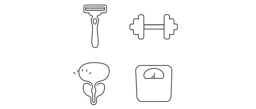 Men's Health and Personal Care Editable Stroke Vector Icon Set featuring a Shaving Razor, Fitness Dumbbell, Prostate Symbol, and Weight Scale. Collection of 4 Minimalist Line Icons for Wellness.