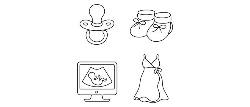 Pregnancy and Maternal Care Editable Stroke Vector Icon Set. Collection of 4 Icons: Pacifier, Baby Booties, Ultrasound Screen with Fetus, and Maternity Dress for New Mothers and Healthcare.