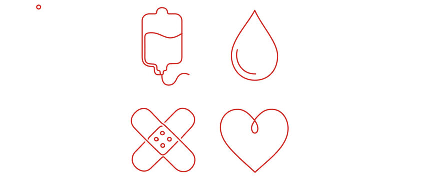 Blood Donation and Healthcare Vector Icon Set with Editable Stroke. Collection of 4 Minimalist Line Icons including Blood Bag, Drop, Bandage, and Heart for Medical and Charity Design Projects.