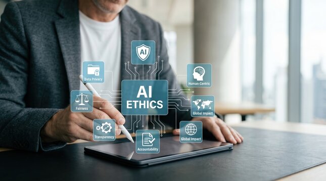 Man in suit interacting with AI ethics icons on tablet screen, artificial intelligence responsibility, data privacy, fairness, transparency, accountability, human centric