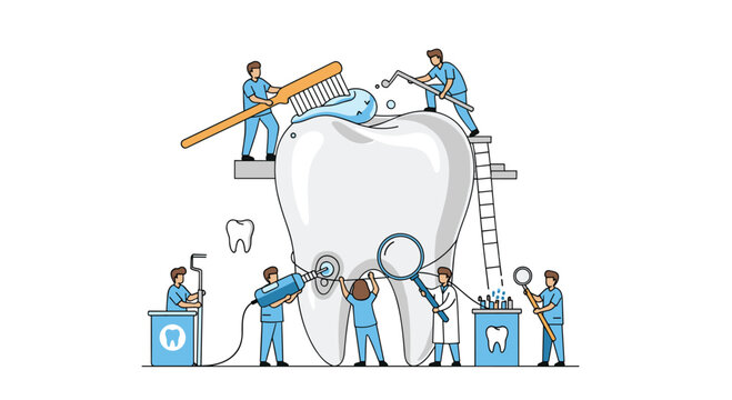 Tiny dental professionals collaboratively clean and inspect a large human tooth using specialized equipment and a ladder in a sterile blue toned medical service environment.