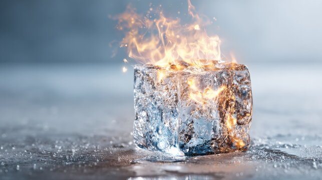 An intriguing image showcasing a cube of ice engulfed in flames, symbolizing contrast and paradox