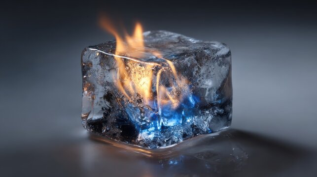 A captivating image of fire encased in an ice cube, representing contrasting elements