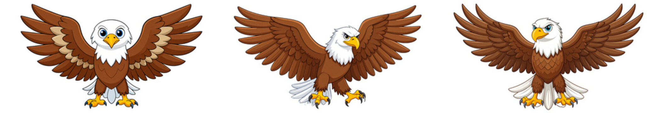 Three cute cartoon bald eagles in different flying poses with open wings, transparent background, PNG clipart
