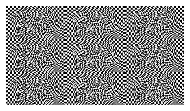 Distorted checkerboard pattern with optical illusion swirls and warped grid in psychedelic op art style