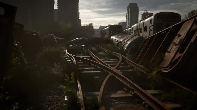 Tracking shot of abandoned subway cars derailed on overgrown railway tracks moving forward through post apocalyptic urban ruins at dusk