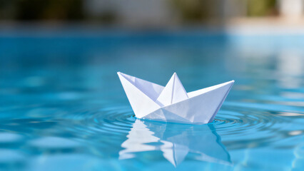 Obraz premium Paper Boat in Blue Waters: A crisp white paper boat floats serenely on the tranquil blue surface of a pool, symbolizing freedom and the journey of life.
