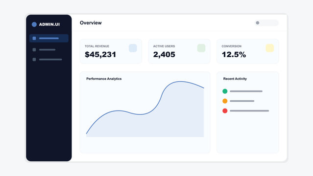 Modern admin dashboard UI design, professional business data analytics interface vector, financial overview panel with revenue charts and performance metrics
