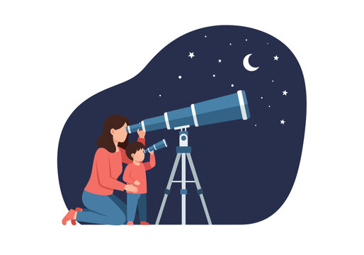 Girl Looking Through Telescope at Night Sky and Stars