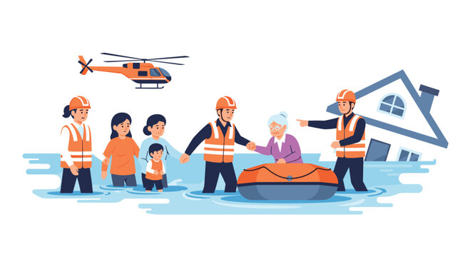 A team of rescue workers in orange safety gear assists an elderly woman into an inflatable boat during an emergency flood evacuation in a residential area.