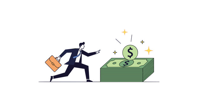 A determined businessman carrying a briefcase runs quickly toward a large glowing stack of green currency bills isolated on a clean white background setting.
