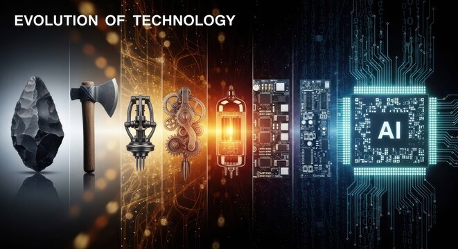 Evolution of technology showing AI, circuits, vacuum tube, gears, axe, and stone tool, representing the progress and advancement of innovation.