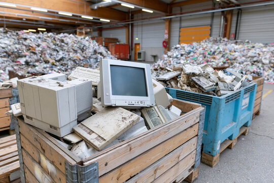 Old computer monitors sit atop wooden crates. Stacks of discarded tech fill the warehouse floor. Blue pallets hold more broken electronics. The scene conveys digital waste and recycling efforts