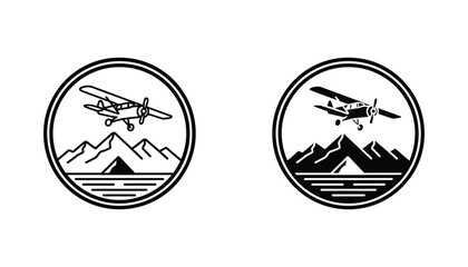 Vintage biplane flying over majestic mountains and serene water in a circular frame vector illustration for adventure travel © Nova