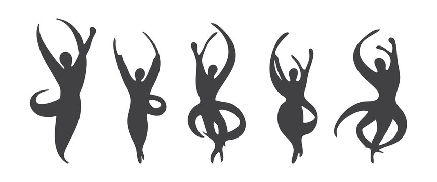 Five black silhouettes of dancing women isolated on white background