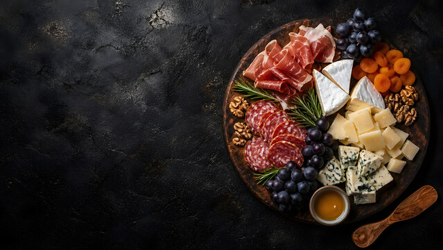 Luxury charcuterie and cheese board with prosciutto and brie on dark rustic stone with moody copy space
