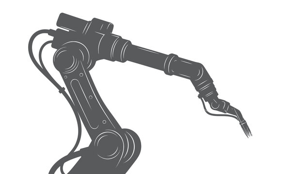 Robotic welding arm in action isolated on white background