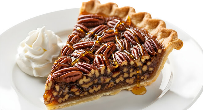 A slice of pecan pie with whipped cream on a plate against transparent background