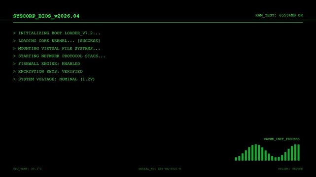 Futuristic Computer BIOS HUD with Green Digital Command Line Interface and System Boot Loader Success Monitoring Screen.