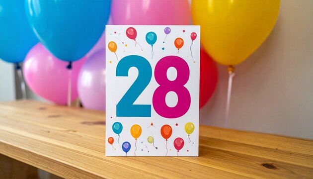 Birthday or anniversary card with number 28 with bright colors and balloons