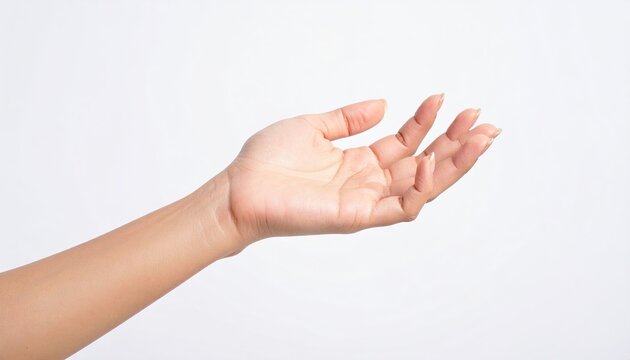 Human hand reaching forward against white background for creative design