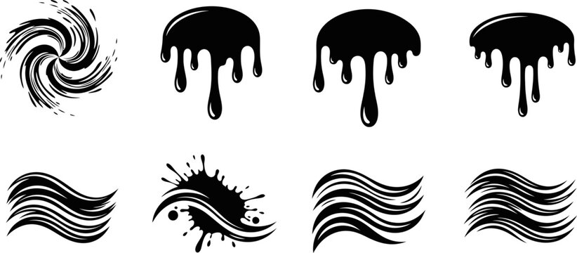 Flowing liquid drips and wavy water ripple elements for creative fluid motion design eps.