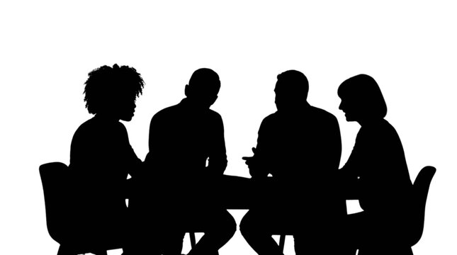 Four people discussing around a table isolated on transparent background, Vector