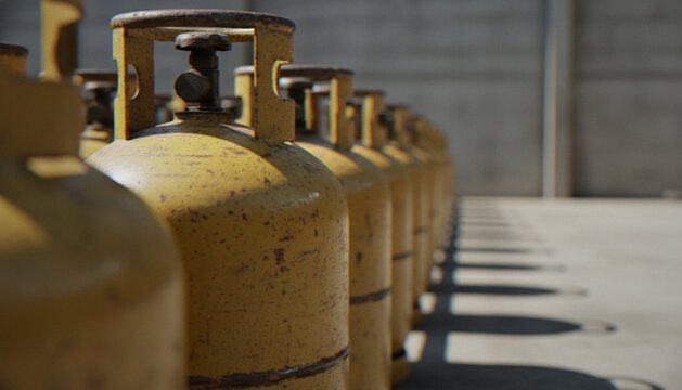 A long row of aged, yellow propane gas cylinders lined up neatly on a concrete surface, casting long shadows in the daylight.