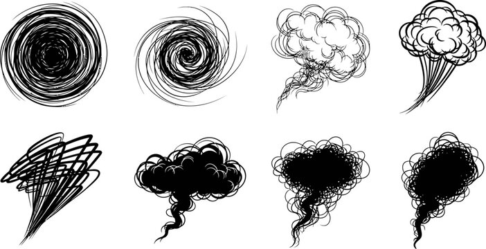 Abstract scribble clouds and whirlwind tornado shapes for design projects in vector eps.