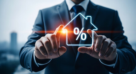 Obraz premium Businessman touching glowing house outline with percentage symbol home