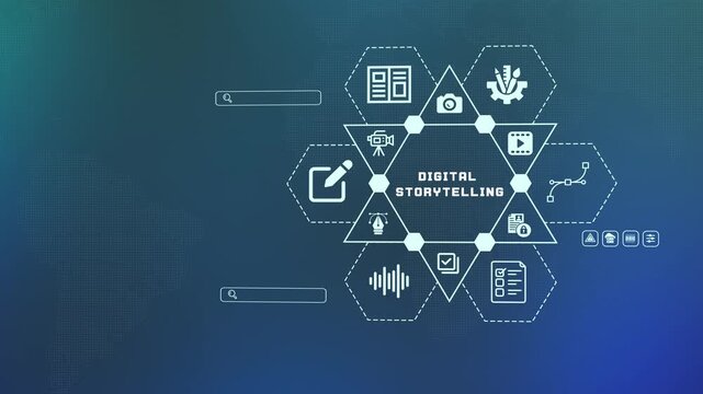 Digital storytelling concept interface with narrative, media, and artistic icons for modern content creation and brand messaging.