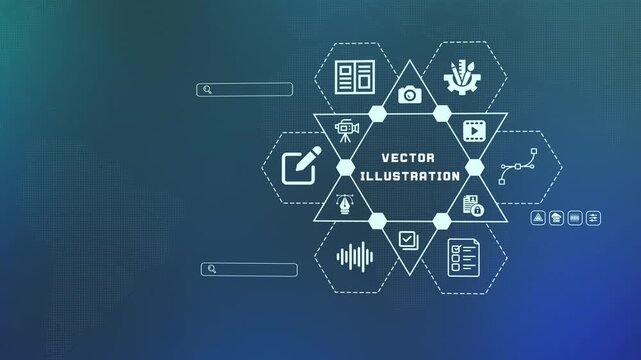Vector illustration and digital art creation concept featuring pen tool and drawing icons within a technical creative workflow interface.