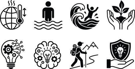 Environmental innovation icons collection, climate change sustainability creativity exploration protection vector illustration © TOMSINA