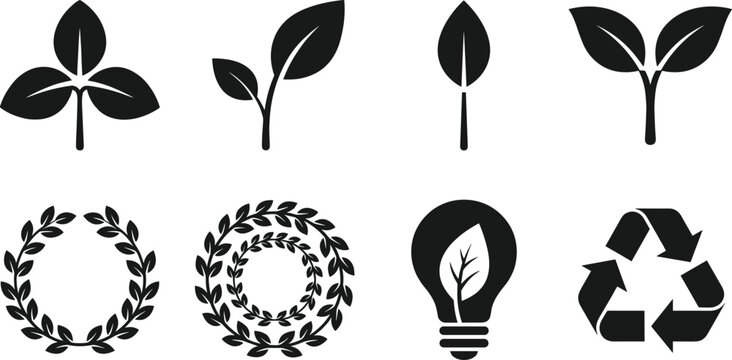 Eco-friendly icons collection, plant sprout leaf wreath light bulb recycling vector illustration, sustainability nature artwork design graphic - black and white flat vector illustration