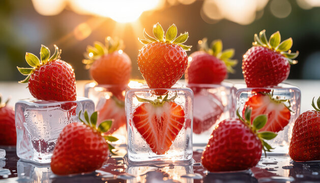 Fresh strawberries are arranged on ice cubes, creating a vibrant scene. The sunlight enhances the strawberries, as the clear ice contrasts with the juicy red fruits.