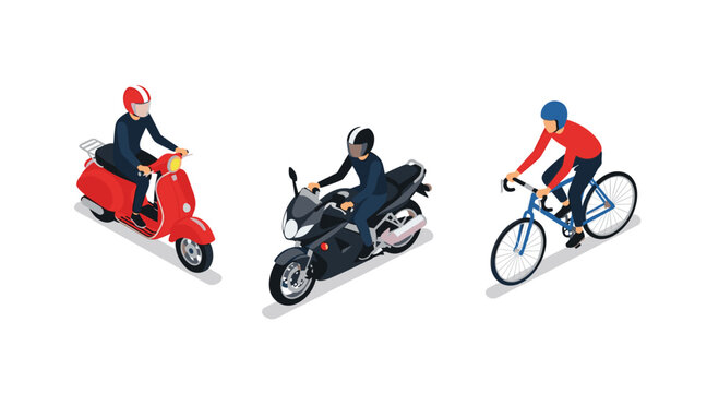 A trio of individuals rides a red scooter, a dark motorcycle, and a blue bicycle respectively on a clean white surface in an isometric digital illustration style.